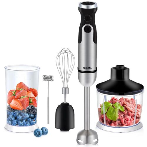 Stabmixer - HB-3302 - 1200 W - 5-in-1 - Gemüsezerkleinerer, Fleischwolf, Schneebesen und Smoothie-Becher - 0,8–1,1 l - Weiß