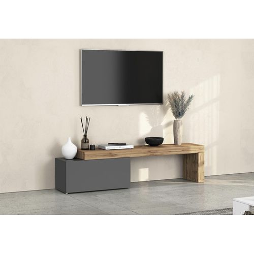 Lowboard OTTO HOME "Lowboard Chronos TV-Board, TV-Schrank", grau (anthrazit, eiche wotan), B:220cm H:51cm T:40cm, Sideboards, Lowboard, Breite 220 cm TV-Board,Lowboard,1 Klappe und ein L-Förmiger Aufsatz