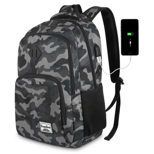 Herren Rucksack mit USB-Ladeanschluss 15,6 Zoll Camouflage Schwarz 35L
