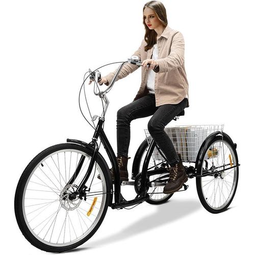 26 Zoll 3 Räder Dreirad Erwachsene, 190*75*120CM 6-Gang Adult Fahrrad Erwachsenendreirad Höhenverstellbares Dreirad Fahrrad EinkaufsDreirad Cityräder mit Korb für Städte Strände Fahrradwege