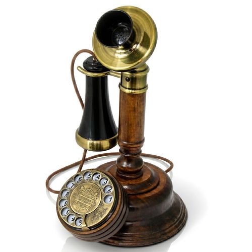 Opis Technology 1921 Cable Modell C — Candlestick Retro Telefon aus Holz, Nostalgie Festnetztelefon mit Wählscheibe (inkl. */#) und Metallklingel (Ohne Bluetooth)