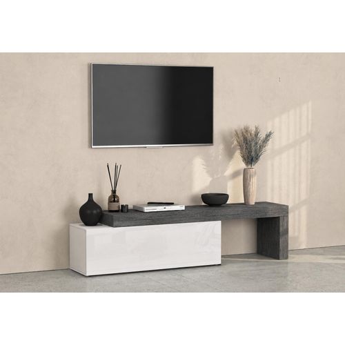 Lowboard OTTO HOME "Lowboard Chronos TV-Board, TV-Schrank", grau (lowboard schiefer, weiß 120), B:240cm H:51cm T:40cm, Holzwerkstoff, Sideboards, Lowboard, 1 St., TV-Lowboard 240 cm, 1 Klappe, L-Aufsatz, Breite 180-290 cm
