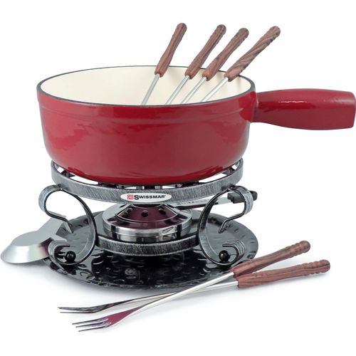 Fondue SWISSMAR "Lugano", rot, B:23cm H:18cm T:30cm, Fondues, Gusseisen, 9-teilig, inkl. 6 Fonduegabeln