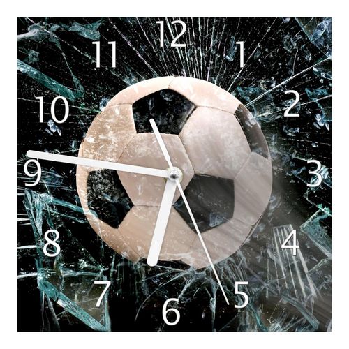 Wallario Uhr 30 x 30 cm, weiße Zeiger Fußball - im Fenster, Splitter und Glas