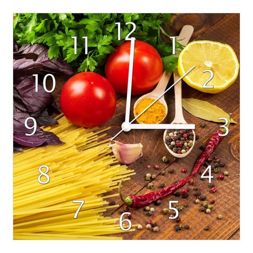 Wallario Uhr 30 x 30 cm, weiße Zeiger Italienisches Menü mit Spaghetti, Tomaten, Basilikum und Gewürzen