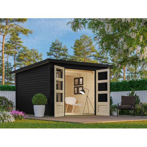 Gartenhaus KARIBU "»Stockach 4« schwarz, aus Fichte", schwarz, Fußboden im Gartenhaus, Holzwerkstoff, Gartenhäuser, Gartenhaus, aus Fichtenholz, lakiert