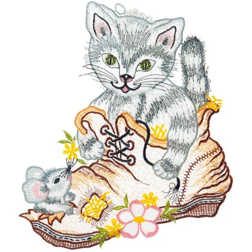 Fensterbild "Fensterbild "Katze im Schuh" farbig", bunt, B:21cm H:23cm, Polyester, W. REUTER & SOHN - PLAUENER SPITZE, Fensterbilder