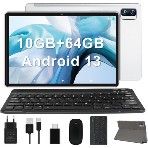 Android 13 Tablet 10 Zoll 10GB RAM 64GB ROM TF 1TB | WiFi Tablet PC Gehäuse Tastatur Maus | BT5.0 | 8000mAh | 13MP+5MP Kamera | Face ID | HD Tablet