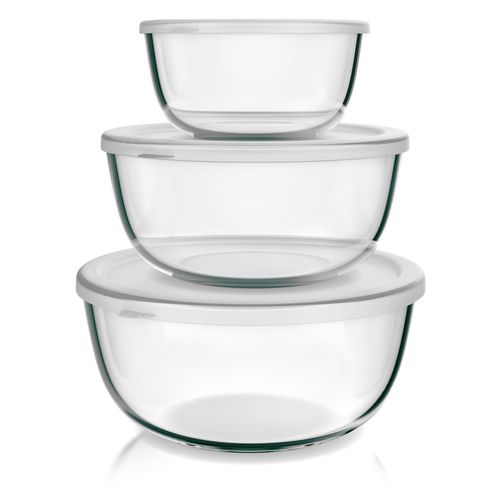 Arendo Salatschüssel 3er Set mit Deckel, Glasschüssel 1,1L / 2,7L / 4,4L, Glas Rührschüssel, Glas, (Set, 3-tlg), Glasschale, BPA-frei