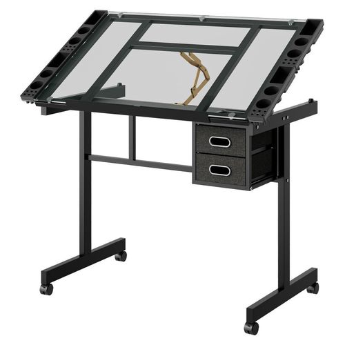 Zeichentisch mit 2 Schubladen und 4 Rollen, Verstellbarer Zeichentisch Zeichentischplatte Black