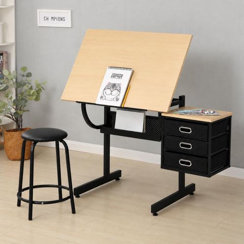 Zeichentisch mit Hocker, Verstellbarer Zeichentisch Zeichentischplatte mit 3 Schubladen Maple