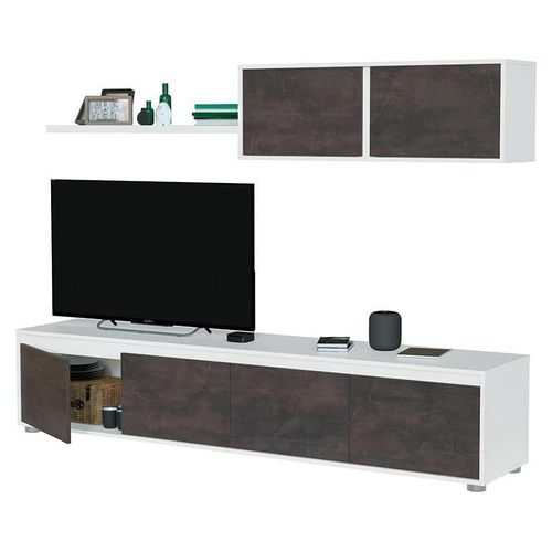 Habitdesign, Moderne Wohnwand mit TV-Schrank in Artik weiß und Rost, Wohnzimmerm