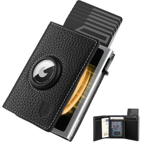Kartenetui Herren mit AirTag Fach, Münzfach, RFID Schutz, Schwarz Silber