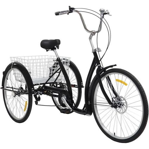 26 Zoll 3 Räder Dreirad Erwachsene, 6 Gang Dreirad für Erwachsene mit Korb, Verstellbarer Sitz 84-96cm, Maximale Sitzbelastung 120kg, Schwarz