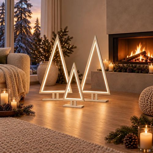 Weihnachtsbaum LED Set aus Holz weiß Weihnachtsdeko Tischlampe Bodenlampe - Sompex Pine Wood 2x groß 1x klein