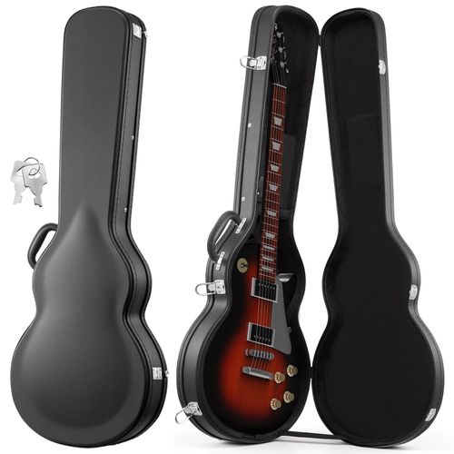 E-Gitarrenkoffer - Hartschalenkoffer für Les-Paul-Gitarren bis 99 cm - Holzkoffer - Schaumstoffeinlage - Schloss mit Schlüsseln - Zubehörfach - Schwarz