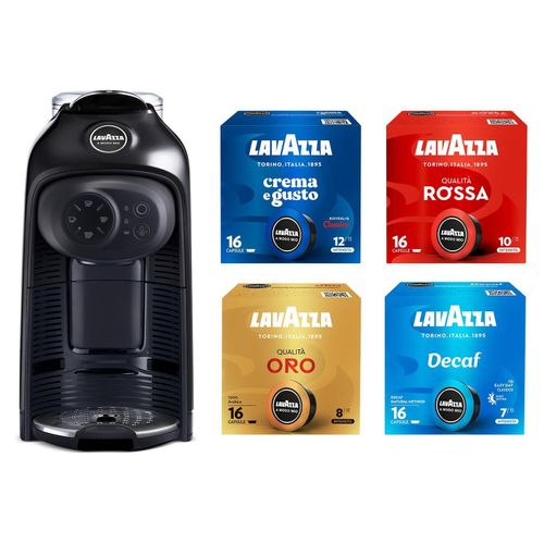 Lavazza, A Modo Mio Idola Nera Kaffeemaschine mit 64 sortierten Kapseln, kompakt