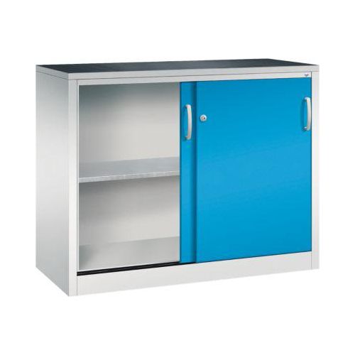 C + P Schiebetüren-Werkzeugschrank Acurado, B 1200 x T 500 x H 1000 mm, je Fachboden 70 kg, Stahl, lichtgrau/lichtblau