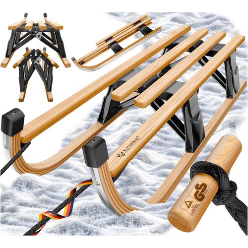 KESSER® Holzschlitten Premium Schlitten faltbar Kinder Faltschlitten Kinderschlitten aus Buchenholz inkl. Zugseil Schieber Metallkufen