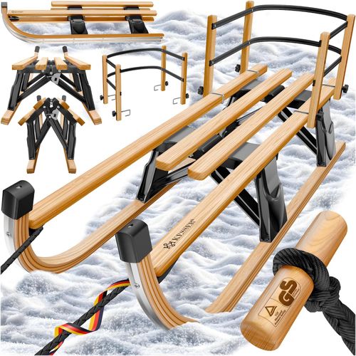 KESSER® Holzschlitten Premium Schlitten faltbar Kinder Faltschlitten Kinderschlitten aus Buchenholz inkl. Zugseil Schieber Metallkufen
