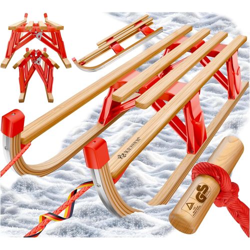 KESSER® Holzschlitten Premium Schlitten faltbar Kinder Faltschlitten Kinderschlitten aus Buchenholz inkl. Zugseil Schieber Metallkufen