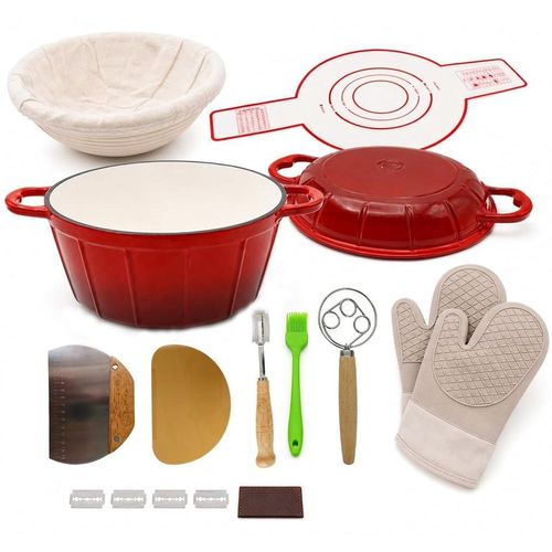 5L Emaille-Gusseisen Dutch Oven & Sauerteig-Backset, rot