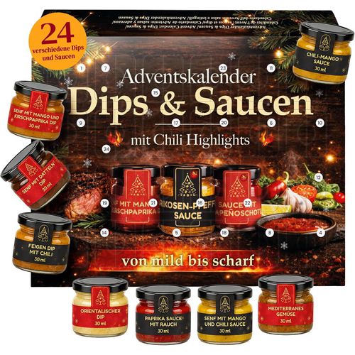 Adventskalender für Saucen, 2026: 24 Saucen und Dips in 30 ml Gläsern