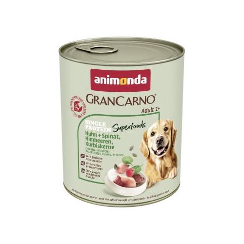 animonda GranCarno Single Protein Superfoods Nassfutter Hund Adult, Huhn und Spinat, Himbeeren, Kürbiskerne 12x800 g