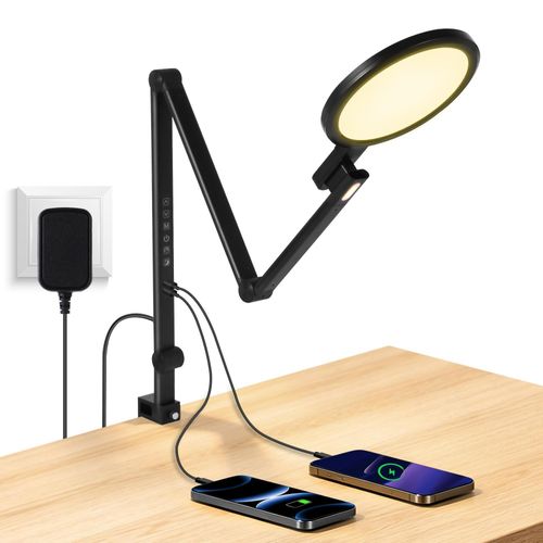 KAYSENSUK LED Schreibtischlampe mit Klemme, dimmbar, USB, Tageslicht 5 Modi