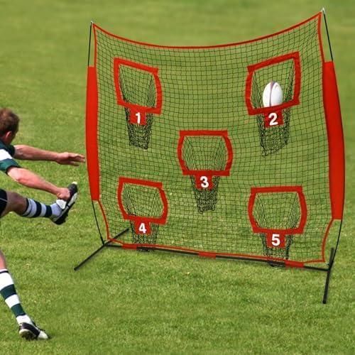 Rugby-Wurfnetz und Passnetz als Trainingsnetz mit 5 Zieltaschen, Fußballtrainer-Wurfnetz für Wurf- und Zielübungen in Außen- und Innenbereichen, 213 x 213CM, Rot