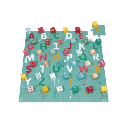 Janod Kubix Holzbausteine Puzzles Buchstaben Zahlen 40 Teile