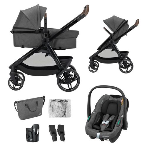 Maxi-Cosi Zelia S Trio² Kinderwagen 3 in 1 mit CabrioFix S Kindersitz, 0-4 Jahre, Einhändig Klappbar, Wendbares Kinderwagen Set, Dark Grey