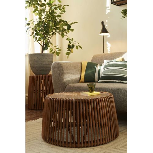 Beistelltisch SIT "San Gimignano aus Rattan mit recycelter Teakholzplatte", beige (natur), B:45cm H:38cm, Tische, Beistelltisch, Konisches Rattangestell mit Platte aus recyceltem Teakholz