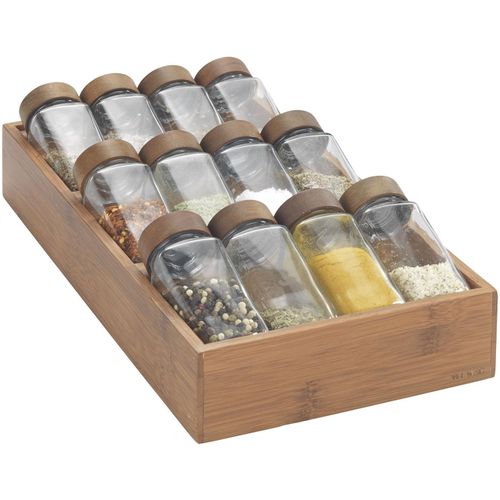Gewürzregal WENKO "mit 12 Gewürzgläser", braun (dunkelbraun), B:38cm H:6cm T:20cm, Bambus, Glas, Regale, Gewürzregal, aus Bambus, Glas-Gewürzstreuer mit Bambusdeckel, FSC-zertifiziert