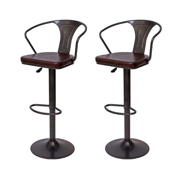 2Er-Set Barhocker Mcw-H10B, HöHenverstellbar Mit Armlehne, Tresenhocker Barstuhl Industrial Drehbar ~ Vintage Schwarz-Braun-image