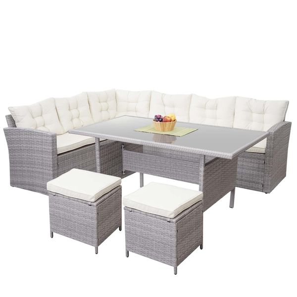 Poly-Rattan-Garnitur MCW-A29, Gartengarnitur Sitzgruppe Lounge-Esstisch-Set Sofa ~ Hellgrau, Kissen Creme + 2X Hocker-image