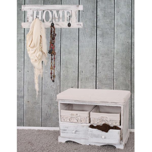 Garderobe Mit Sitzbank Kommode Mit 2 KöRben 42X62X33Cm, Shabby-Look, Vintage ~ Weiß-image