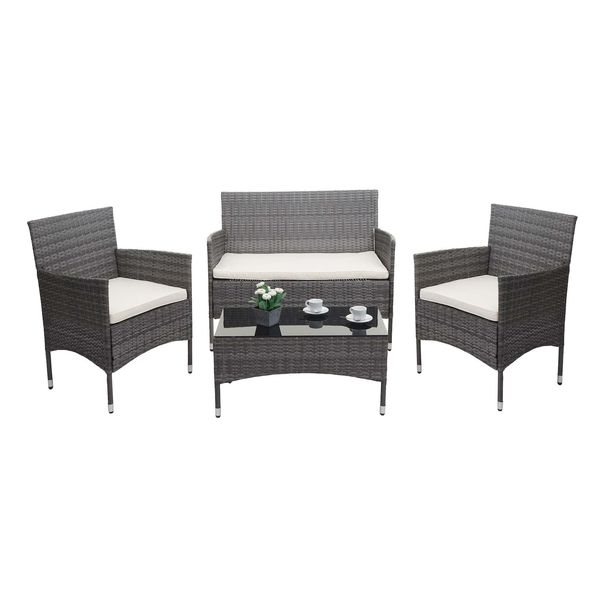 Poly-Rattan Garnitur MCW-F55, Balkon-/Garten-/Lounge-Set Sofa Sitzgruppe ~ Grau, Kissen Creme-image