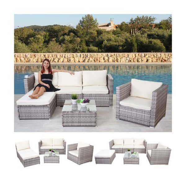 Poly-Rattan-Garnitur Busto, Gartengarnitur Sitzgruppe Sofa Lounge-Set ~ Grau, Kissen Creme-image