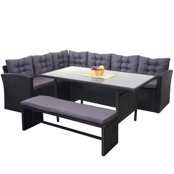 Poly-Rattan-Garnitur MCW-A29, Gartengarnitur Sitzgruppe Lounge-Esstisch-Set, Schwarz ~ Kissen Dunkelgrau, Mit Bank-image