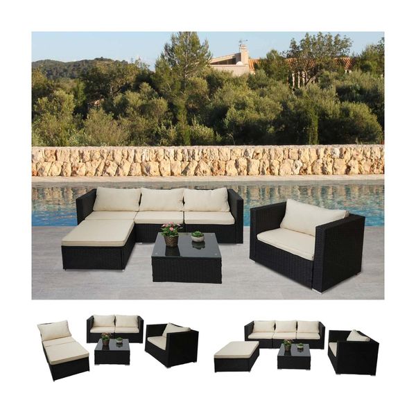 Poly-Rattan-Garnitur Busto, Gartengarnitur Sitzgruppe Sofa Lounge-Set ~ Schwarz, Kissen Creme-image