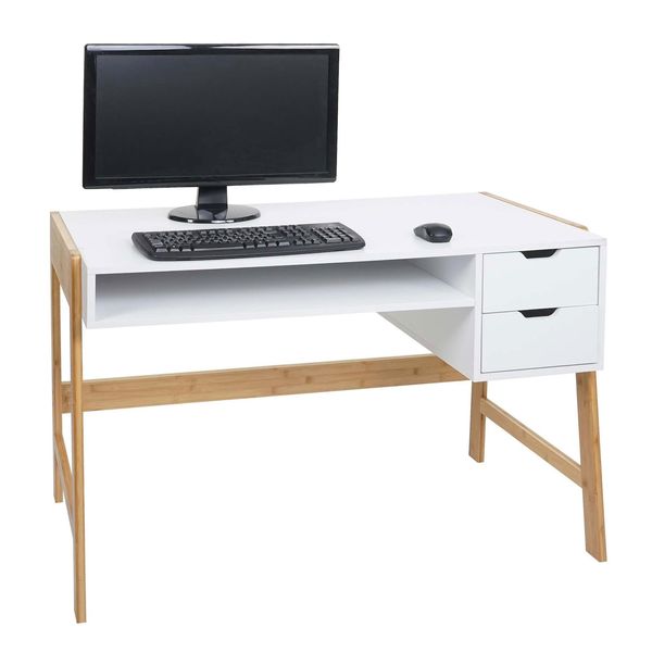Schreibtisch MCW-K12, BüRotisch Computertisch Arbeitstisch, Schublade, Bambus 76X115X58Cm ~ Weiß-image