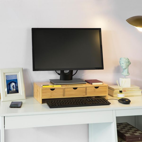 Sobuy Supporto Per Monitor Con Scomparti E 3 Cassetti In Bambù BBF03-N-image