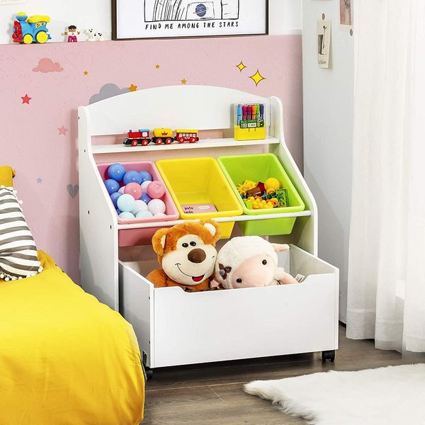 Scaffale Portagiochi Costway Con Ripiano Arrotolabile, 3 Piccole Scatole Portaoggetti E Ripiano, Armadio Portagiochi, Scaffale Per Bambini, Organizzatore Di Giocattoli Ideale Per L'asilo Nido E La Scuola Materna (Bianco)-image