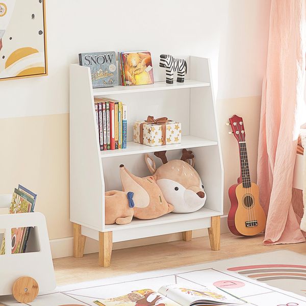 Sobuy Scaffale Per Bambini Con 3 Scomparti Libreria Scaffale Per Bambini Scaffale In Piedi Con Gambe In Legno Massiccio Bianco Wd Circa: 60X80X25Cm KMB47-W-image
