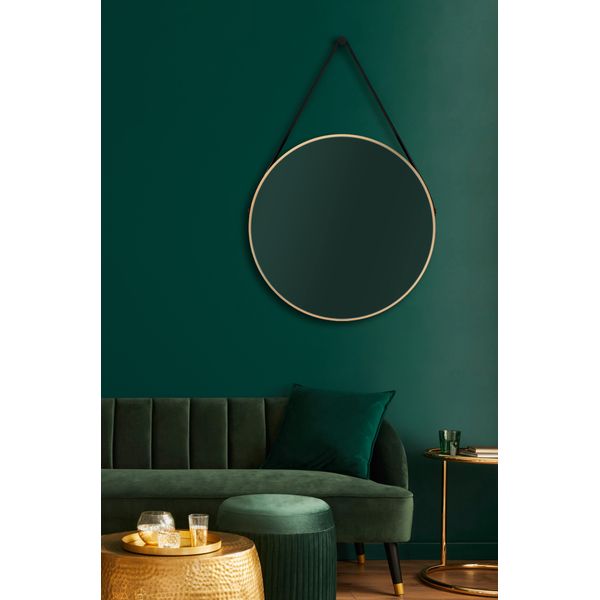 Specchio Da Parete Rotondo Talos Gold Style Matt Ø 80 Cm - Specchio Da Bagno Con Cinghia Di Sospensione In Pelle - Cornice In Alluminio Di Alta Qualità In Oro - Specchio Da Bagno-image