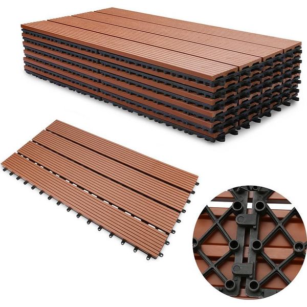 Wolketon Piastrelle Terrazza Wpc Piastrelle Legno Plastica 18Pcs 3M² Set 60X30Cm, Marrone Giardino Click Piastrelle Pavimentazione Con Drenaggio Piastrelle Terrazza Balcone-image
