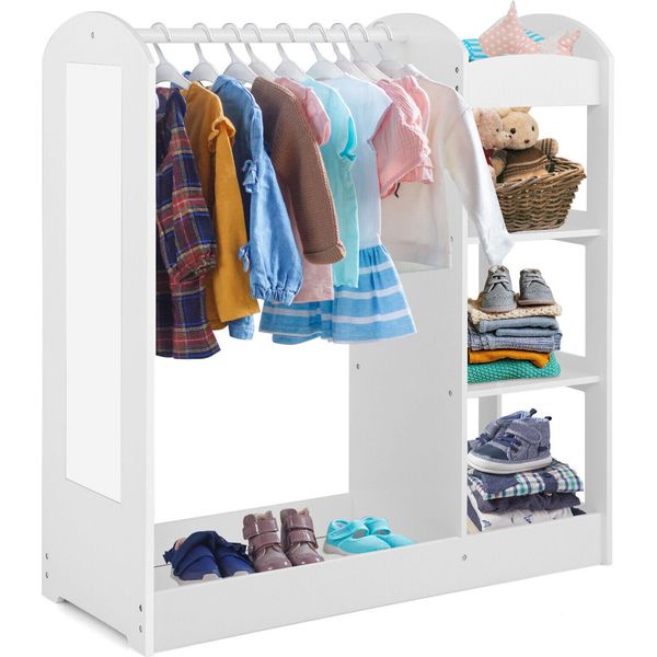 Costway Armadio Per Bambini Con Specchio, Appendiabiti Da Principessa Con Gancio E 4 Ripiani, Armadio Per Bambini In Legno, 93,5 X 38 X 100 Cm (Bianco)-image