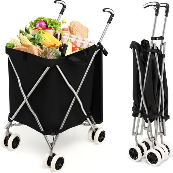Costway Carrello Spesa Pieghevole 90 L Fino A 55 Kg, Carrello Scooter A Mano Con Borsa Oxford Rimovibile E Maniglia, Carrello Spesa Trolley Per Shopping E Campeggio, Nero-image