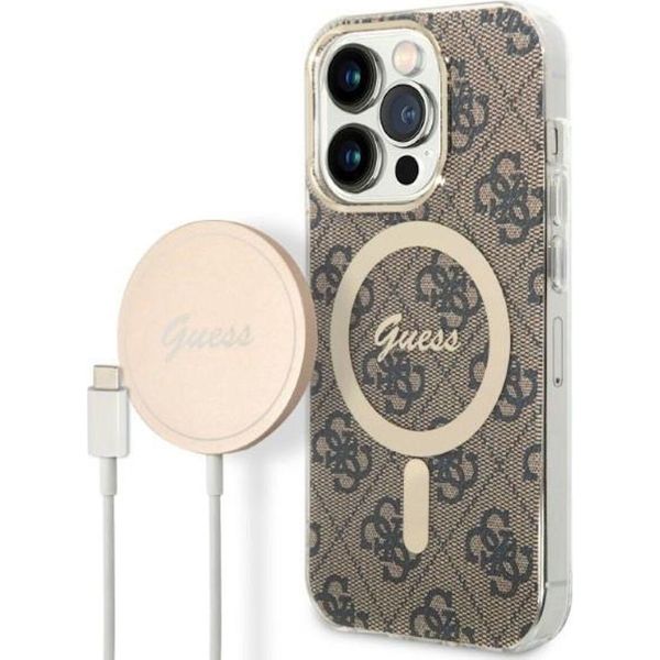 Zestaw Guess Gubpp14Xh4Eacsw Custodia+ Caricatore Iphone 14 Pro Max 6,7 BrąZowy/Brown Custodia Rigida 4G Stampa Magsafe-image